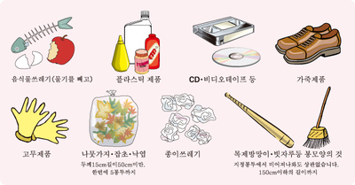 種類別に分けられた可燃ごみが韓国語で説明されているイラスト