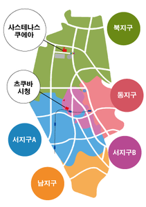 つくば市の市役所周辺の地区が色で分けられている地図