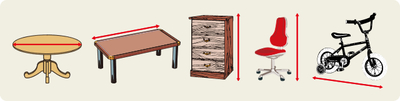 円形テーブル、机、タンス、デスクチェア、自転車のイラストにそれぞれ赤い矢印で寸法を示したイラスト