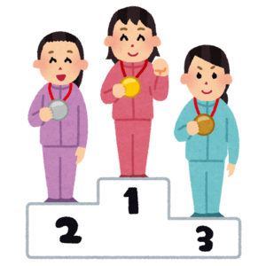 メダルを首から下げた表彰台に乗る3人の選手のイラスト