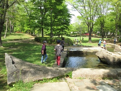 2人の男の子が池の近くに集まっている写真