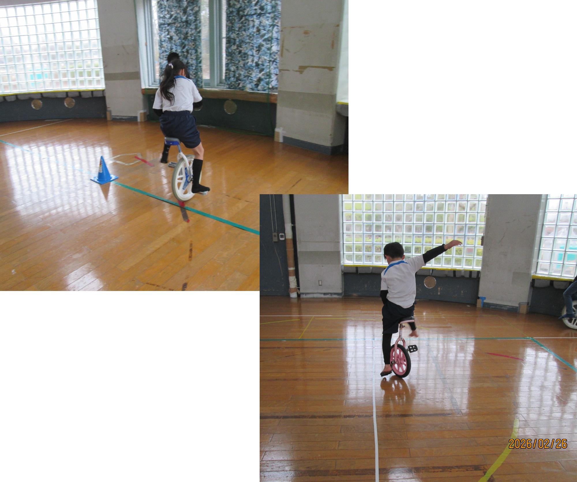 一輪車検定に挑戦する子どもの写真