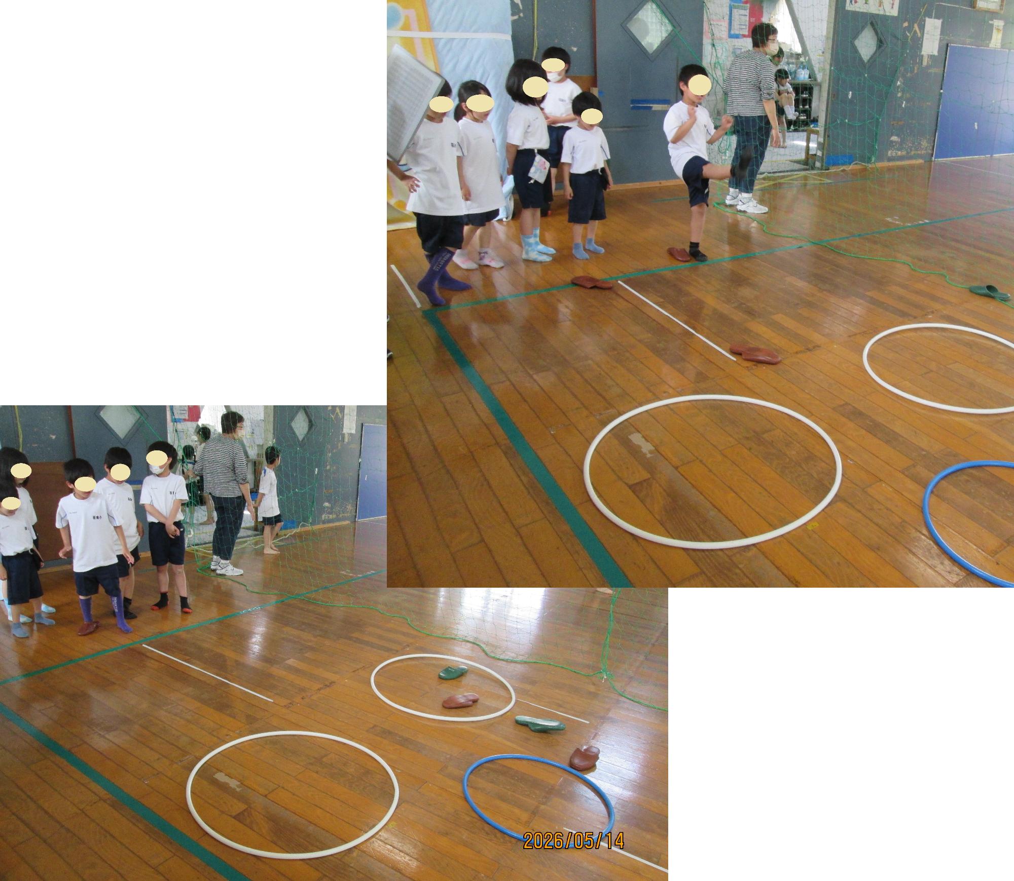 スリッパを飛ばしている児童