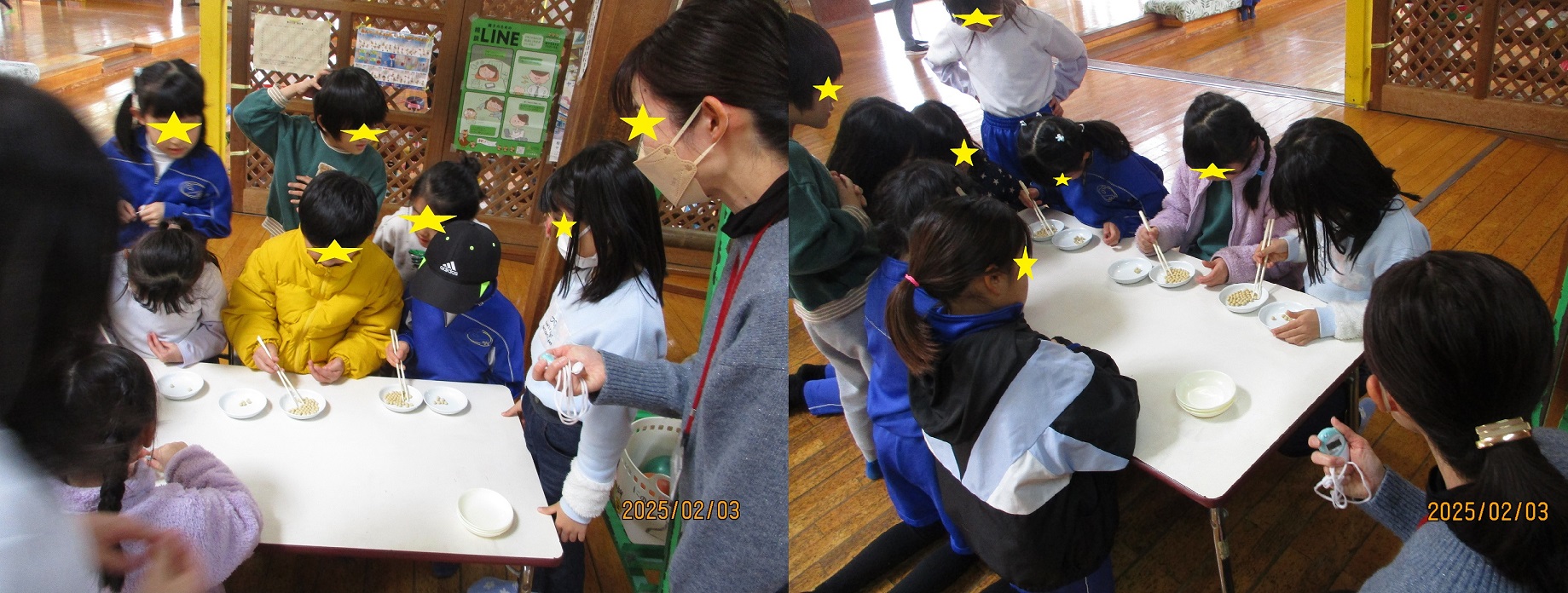 豆つかみゲームに参加する子供たち