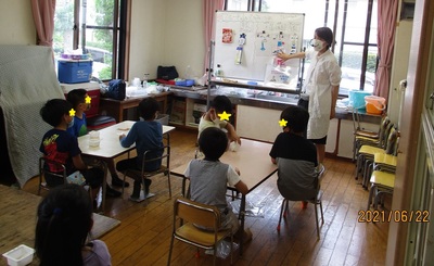 実験の説明を聞いている子ども達の写真