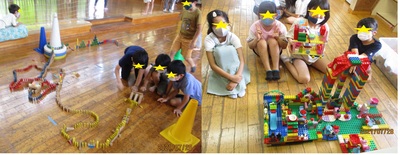 ドミノを並べる子どもたちとレゴ作品と記念撮影する子どもたちの写真