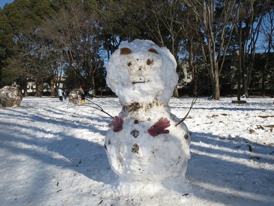 木の実や枝・手袋を飾り付け、大きな雪だるまが完成しました。