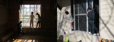窓を開けて慎重に身体を乗り出しながら、外側の窓拭きをしている子どもたちの写真