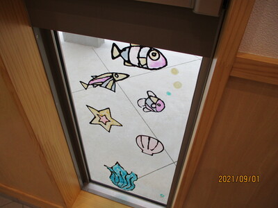 窓に貼って綺麗に透けている魚の絵の写真