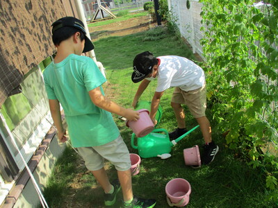 水やりをしている子供たちの写真