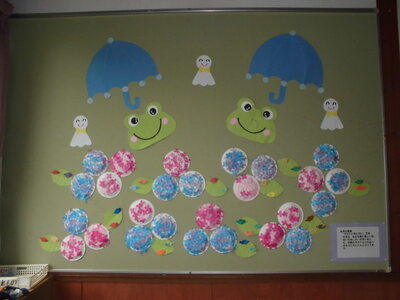 壁に紙で作られたカエルや傘やてるてる坊主、青やピンクのアジサイが飾られている写真