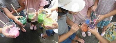 子どもたちが様々な色水を見せ合っている写真