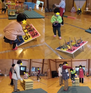 輪投げを楽しむ子どもと箱を積み上げた上からジャンプして遊ぶ子どもの組写真