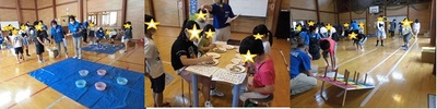 輪投げや豆写しなどの遊びをしている子供たちの写真