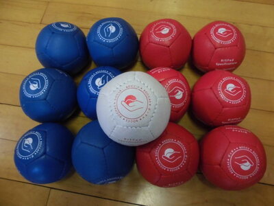 たくさんの青いボールと赤いボールの上に1つ白いボールが乗っている様子の写真