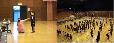 左：桜の体育館で選手宣誓を行う子供たちの写真 右：桜の体育館に集まった大勢のドッジボール大会参加者
