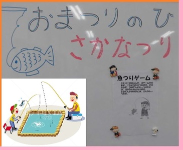 ホワイトボードに魚つりゲームのタイトルが書かている写真と魚釣りの様子が描かているイラスト