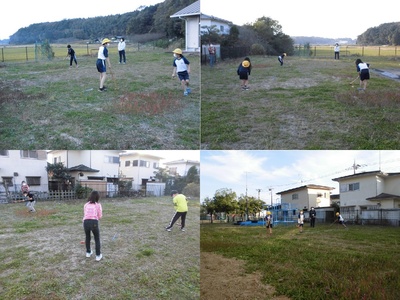 庭にいる子供たちがそれぞれボールを当てたり移動する様子の写真