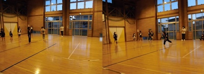 左：枠内に二人の児童、外野に数名の児童が立っている様子の写真、右：黒い服を着た児童がボールを投げている様子の写真