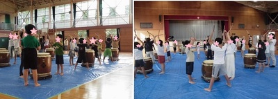 左：体育館で和太鼓を叩いている子供たちに焦点を合わせて撮影された写真 右：体育館で和太鼓を叩いている先生と子供たちの写真