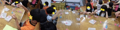 子どもたちに色々なモールを組み合わせて分子の模型を作っている写真