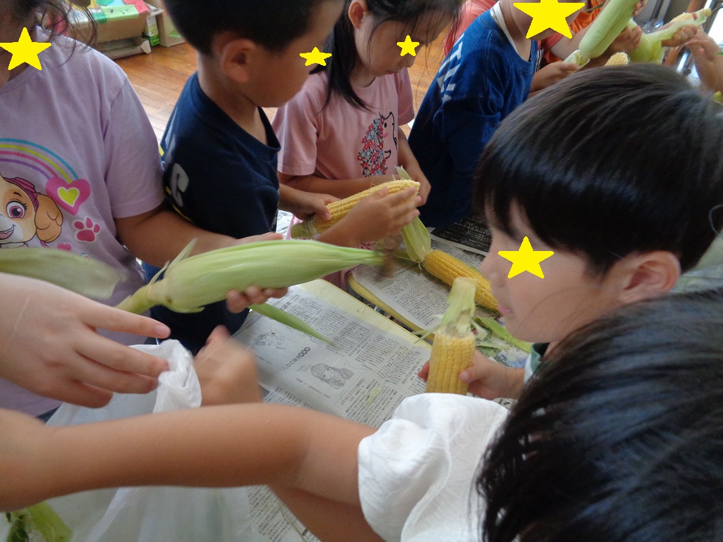 トウモロコシを手に持ち皮を子どもたちが剥いている