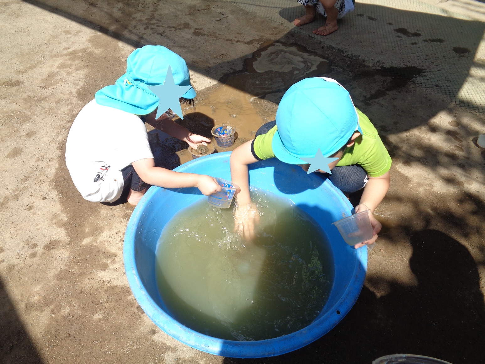 タライの中の水カップを片手に持った子どもたが混ぜている