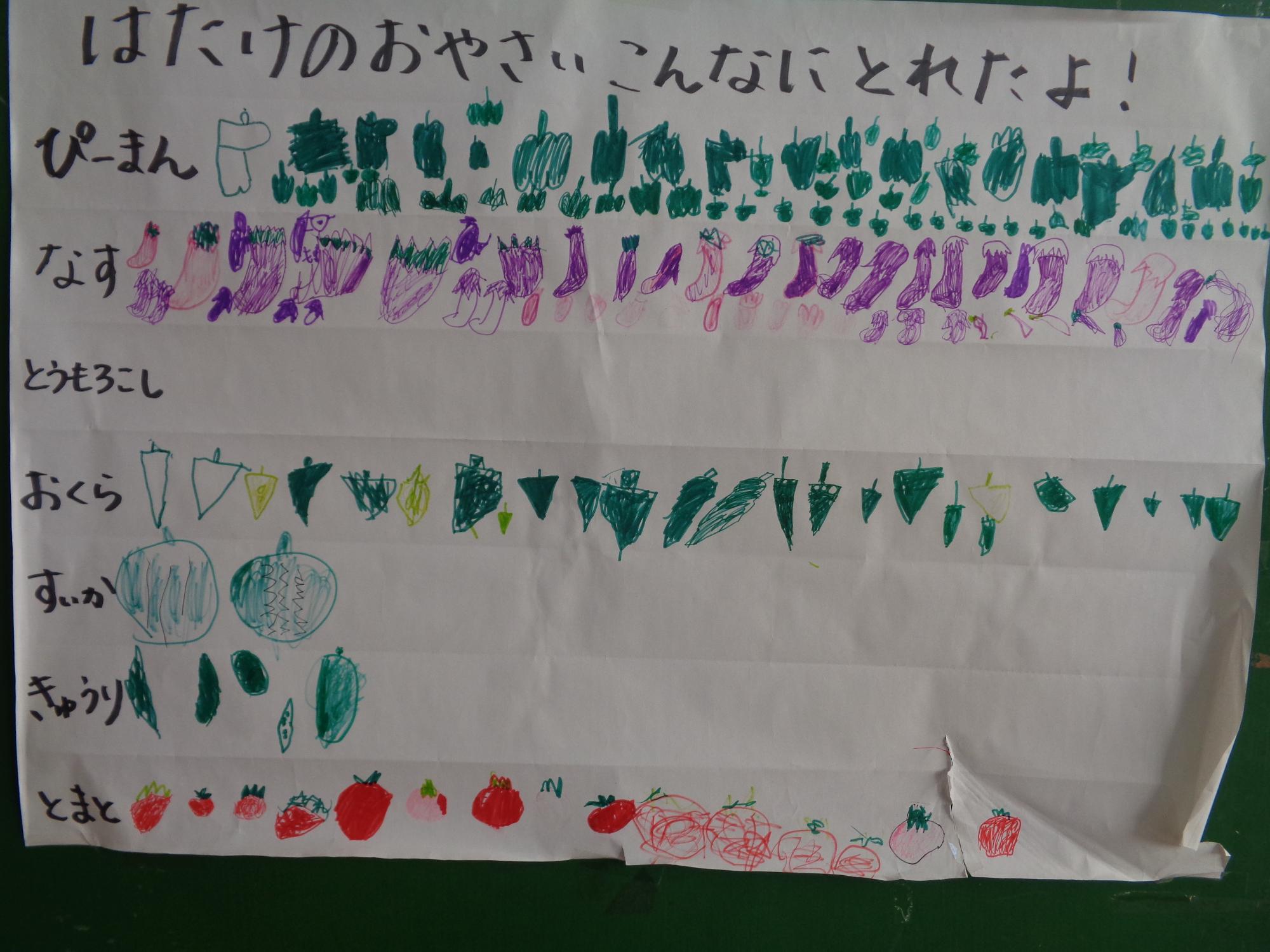 収穫した野菜の数だけ子どもたちが得た際の絵を描いたグラフ