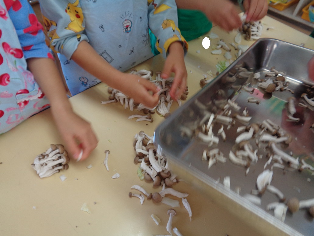 子どもがしめじをちぎっている