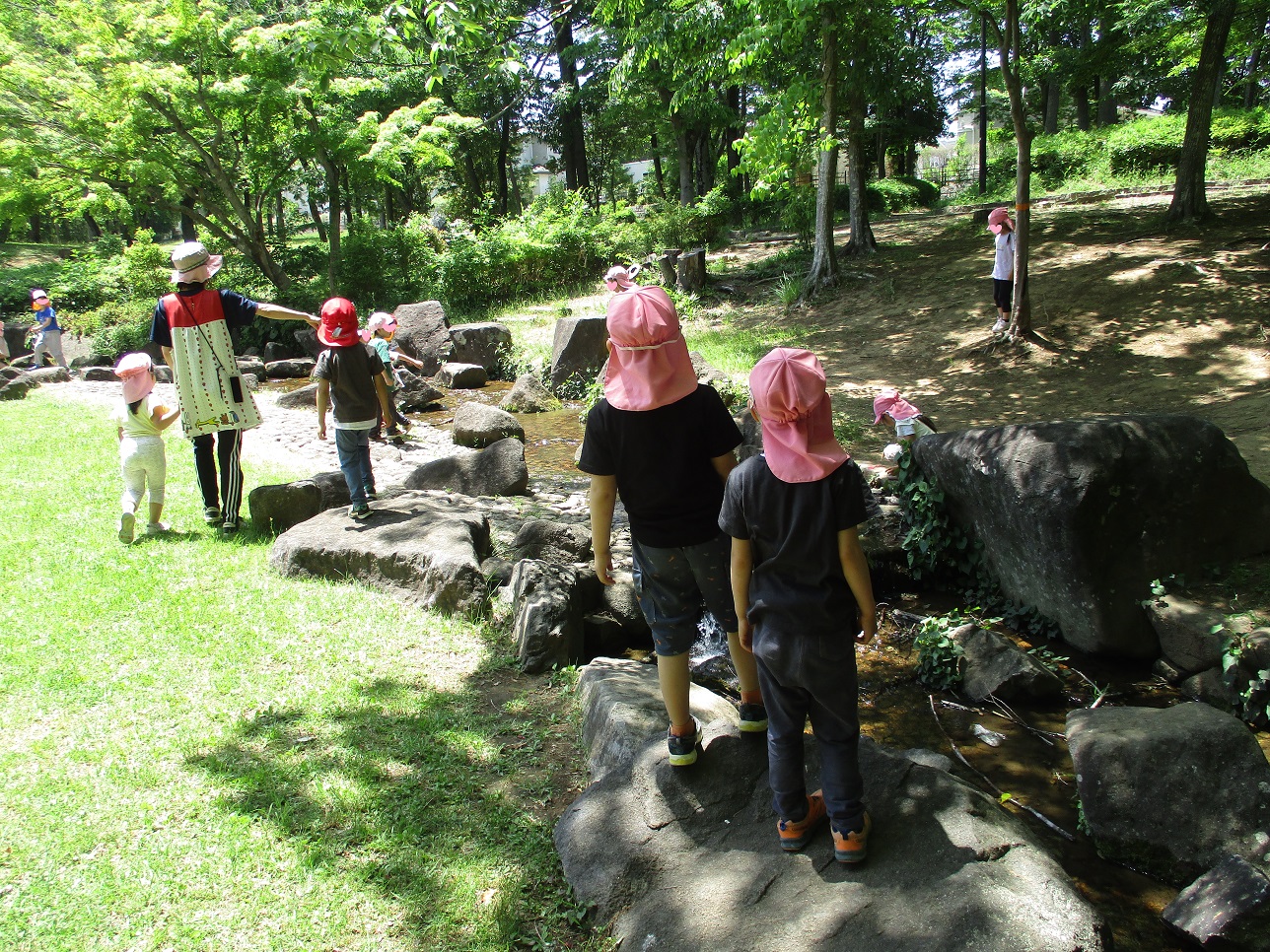 子どもたちが公園の小川を眺めている